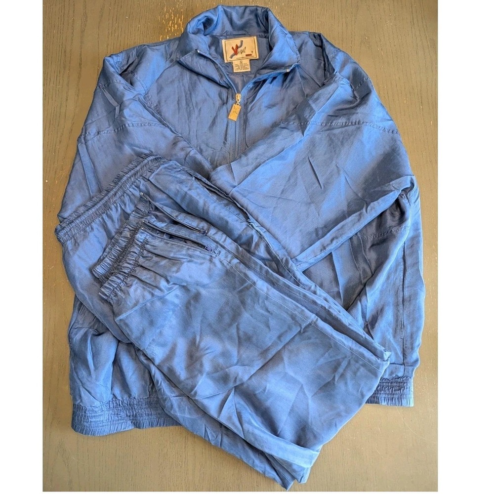 Vintage Vizor 100% Silk Tracksuit Set Blue 90s Sportswear Two Piece Jogging Suit